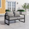 Patio Furniture Metal Couch, 2-Seat All-Weather Outdoor Black Metal Sofa Chair with Grey Cushions - Black+ Gray