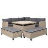 6-Piece Patio Furniture Set Outdoor Wicker Rattan Sectional Sofa with Table and Benches for Backyard, Garden, Poolside - Brown