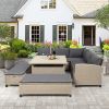 6-Piece Patio Furniture Set Outdoor Wicker Rattan Sectional Sofa with Table and Benches for Backyard, Garden, Poolside - Brown