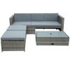 4-piece Outdoor Backyard Patio Rattan Sofa Set, All-weather PE Wicker Sectional Furniture Set with Retractable Table, Gray - Gray