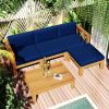 Outdoor Backyard Patio Wood 5-Piece Sectional Sofa Seating Group Set with Cushions - Blue